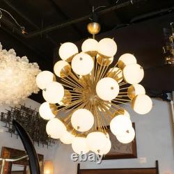Modernist Hand Blown Murano Frosted Glass and Brushed Brass Sputnik Chandelier