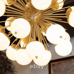 Modernist Hand Blown Murano Frosted Glass and Brushed Brass Sputnik Chandelier
