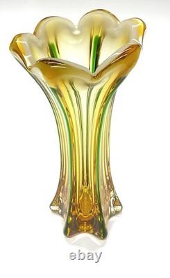 Murano 12 Glass Vase Hand Blown Green Stripe Pontil Mark Beautiful Vintage
