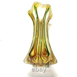 Murano 12 Glass Vase Hand Blown Green Stripe Pontil Mark Beautiful Vintage