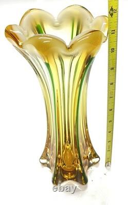 Murano 12 Glass Vase Hand Blown Green Stripe Pontil Mark Beautiful Vintage
