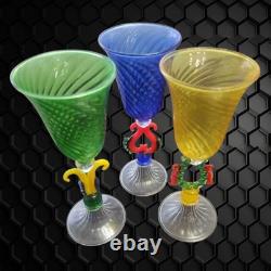 Murano 3 Hand Blown Venetian Multicolor Artglass Cordial Glasses RARE VINTAGE