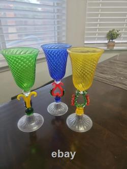 Murano 3 Hand Blown Venetian Multicolor Artglass Cordial Glasses RARE VINTAGE