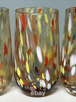 Murano 4 High Ball Glasses Tumblers Rainbow Confetti Millefiori Hand Blown