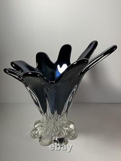 Murano 8 Finger Black Art Glass Hand Blown Vase 8 in