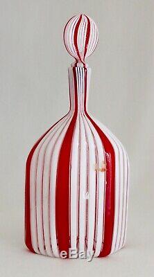 Murano A Canne Vertical Red & White Art Glass Bottle Decanter & Stopper MCM