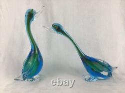 Murano Archimede Seguso Style (2) Blown Glass Ducks 8-12 Blue Green No Sticker