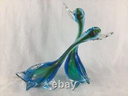 Murano Archimede Seguso Style (2) Blown Glass Ducks 8-12 Blue Green No Sticker