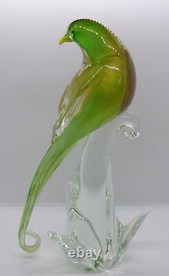 Murano Art Glass Bird Figurine Green Gold Flakes yellow beak hand blown MCM