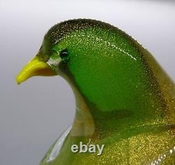 Murano Art Glass Bird Figurine Green Gold Flakes yellow beak hand blown MCM