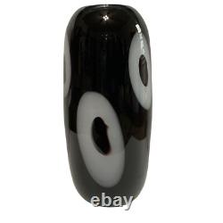 Murano Art Glass Black Cased Glass Vase Hand Blown White Circles Polished 13 H