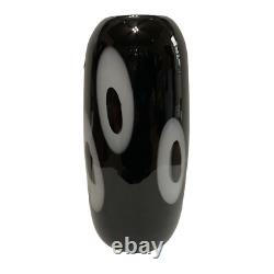 Murano Art Glass Black Cased Glass Vase Hand Blown White Circles Polished 13 H