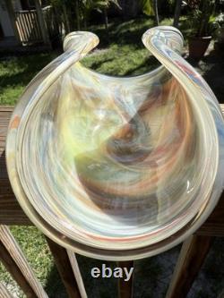 Murano Art Glass Centerpiece Bowl 10 Hand Blown Folded Dish Orange Multi-Color