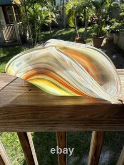 Murano Art Glass Centerpiece Bowl 10 Hand Blown Folded Dish Orange Multi-Color