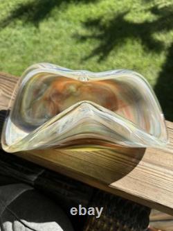 Murano Art Glass Centerpiece Bowl 10 Hand Blown Folded Dish Orange Multi-Color