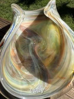 Murano Art Glass Centerpiece Bowl 10 Hand Blown Folded Dish Orange Multi-Color