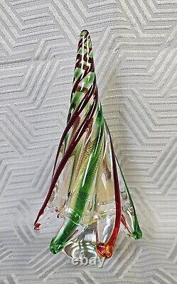 Murano Art Glass Christmas Tree Red Green Swirl With Gold Dust 8.75 Tall