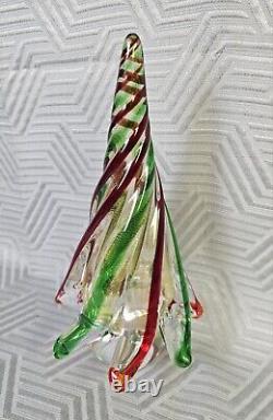 Murano Art Glass Christmas Tree Red Green Swirl With Gold Dust 8.75 Tall