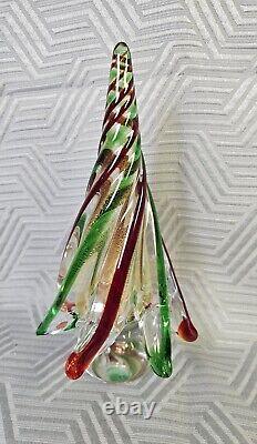 Murano Art Glass Christmas Tree Red Green Swirl With Gold Dust 8.75 Tall