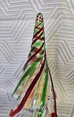 Murano Art Glass Christmas Tree Red Green Swirl With Gold Dust 8.75 Tall