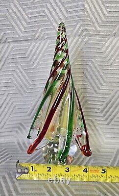 Murano Art Glass Christmas Tree Red Green Swirl With Gold Dust 8.75 Tall