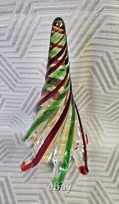 Murano Art Glass Christmas Tree Red Green Swirl With Gold Dust 8.75 Tall