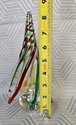 Murano Art Glass Christmas Tree Red Green Swirl With Gold Dust 8.75 Tall