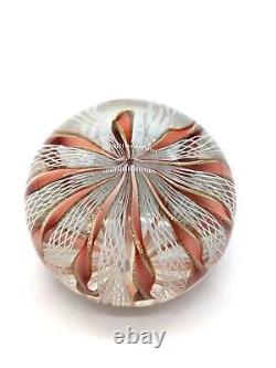 Murano Art Glass Crown Paperweight Latticino Pink Twisted Ribbons Gold