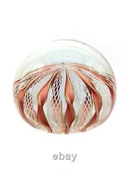 Murano Art Glass Crown Paperweight Latticino Pink Twisted Ribbons Gold