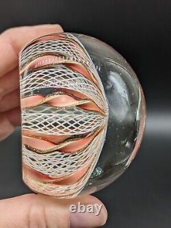 Murano Art Glass Crown Paperweight Latticino Pink Twisted Ribbons Gold
