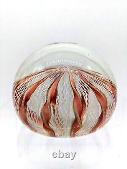 Murano Art Glass Crown Paperweight Latticino Pink Twisted Ribbons Gold