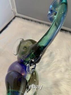 Murano Art Glass Elephant Blue Green Purple With Gold 9.5 Stunning