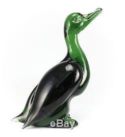 Murano Art Glass Green Duck Figurine Raised Beak Forest Green Hand Blown & Cut