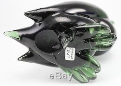 Murano Art Glass Green Duck Figurine Raised Beak Forest Green Hand Blown & Cut