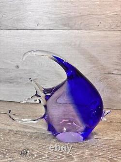 Murano Art Glass Hand Blown Cobalt Blue Angel Fish Scripture 12x10Heavy 8.1 Lb