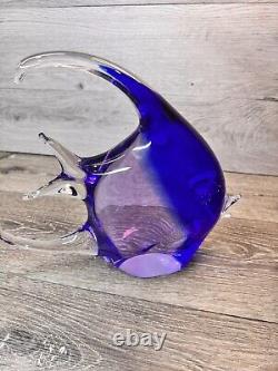 Murano Art Glass Hand Blown Cobalt Blue Angel Fish Scripture 12x10Heavy 8.1 Lb