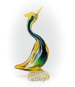 Murano Art Glass Hand Blown Green, Yellow & Gold Heron Bird with Original Label