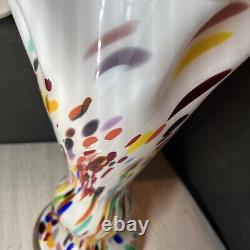 Murano Art Glass Hand Blown Mid-Century Modern White Vase w Colorful Confetti