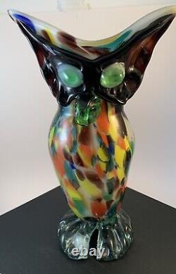 Murano Art Glass Large 11.5 Bird Owl Vase Hand Blown Confetti Colorful Primrose