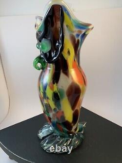 Murano Art Glass Large 11.5 Bird Owl Vase Hand Blown Confetti Colorful Primrose