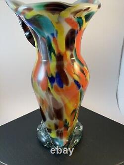 Murano Art Glass Large 11.5 Bird Owl Vase Hand Blown Confetti Colorful Primrose