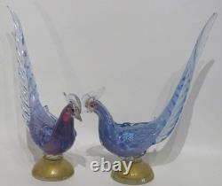 Murano Art Glass Mid-Century Hand Blown Blue Pheasant Pair 14½ MCM IMPERFECT