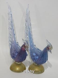 Murano Art Glass Mid-Century Hand Blown Blue Pheasant Pair 14½ MCM IMPERFECT