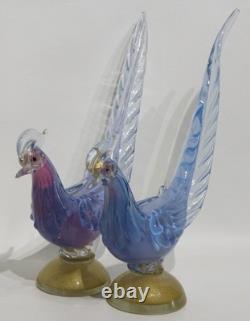 Murano Art Glass Mid-Century Hand Blown Blue Pheasant Pair 14½ MCM IMPERFECT
