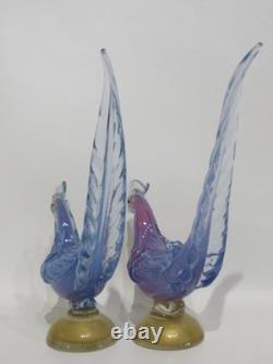 Murano Art Glass Mid-Century Hand Blown Blue Pheasant Pair 14½ MCM IMPERFECT