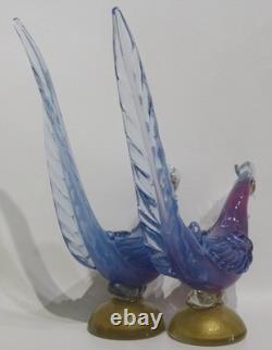 Murano Art Glass Mid-Century Hand Blown Blue Pheasant Pair 14½ MCM IMPERFECT