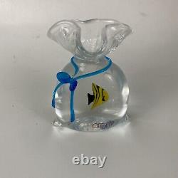 Murano Art Glass Paperweight by Oggetti Signed Yellow Fish in Bag Blue Ribbon