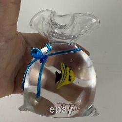 Murano Art Glass Paperweight by Oggetti Signed Yellow Fish in Bag Blue Ribbon