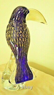 Murano Art Glass Parrot Hand Blown Sculpture 11 Venetian Gold Fleck Blue Toucan