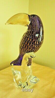 Murano Art Glass Parrot Hand Blown Sculpture 11 Venetian Gold Fleck Blue Toucan